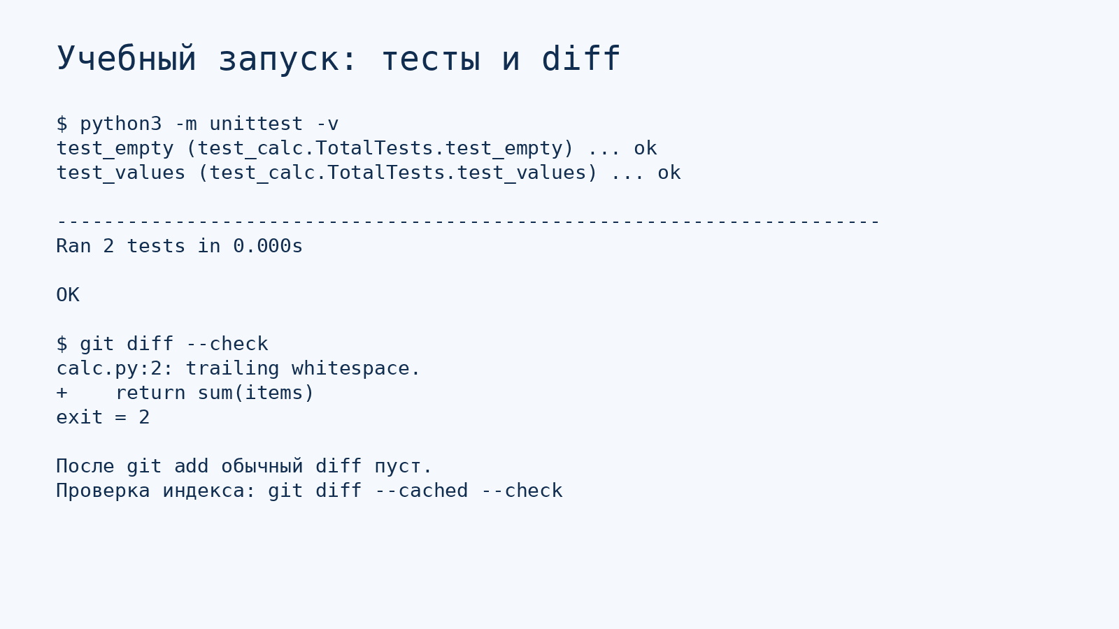 Вывод учебного запуска: тесты проходят, проверка diff обнаруживает пробелы