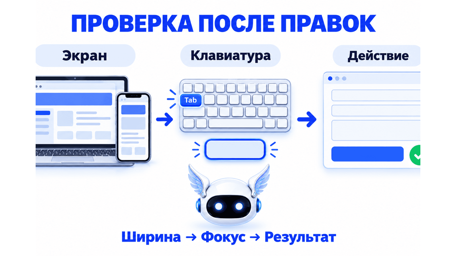 Три проверки после изменения страницы: ширина экрана, клавиатурный фокус и результат действия.