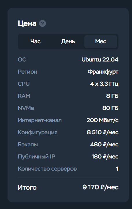 Итоговая стоимость сервера в Timeweb
